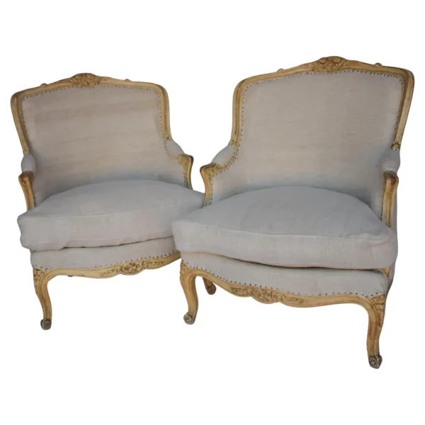 Pair of Bergere Chairs with French Linen Upholstery