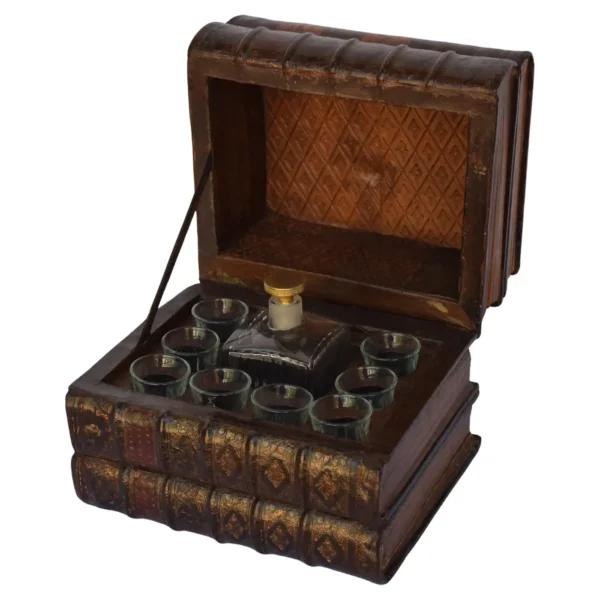 French Early 1900s Stack of Leather Books Tantalus Liquor / Drinks Box